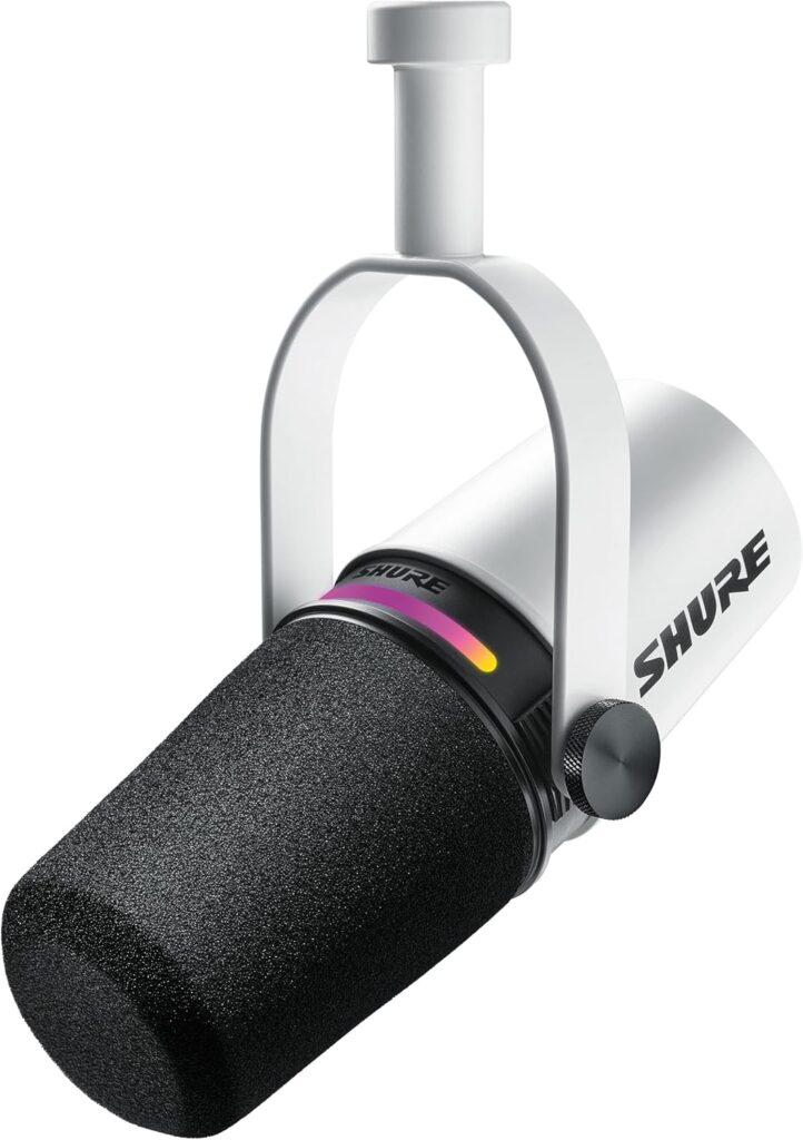 Shure MV7+ Podcast Dynamic Microphone – OBS Certified, Enhanced Audio, LED Panel, USB-C & XLR Outputs, Auto Level Mode, Digital Pop Filter, Reverb Effects – For Podcasting, Streaming, Recording, White