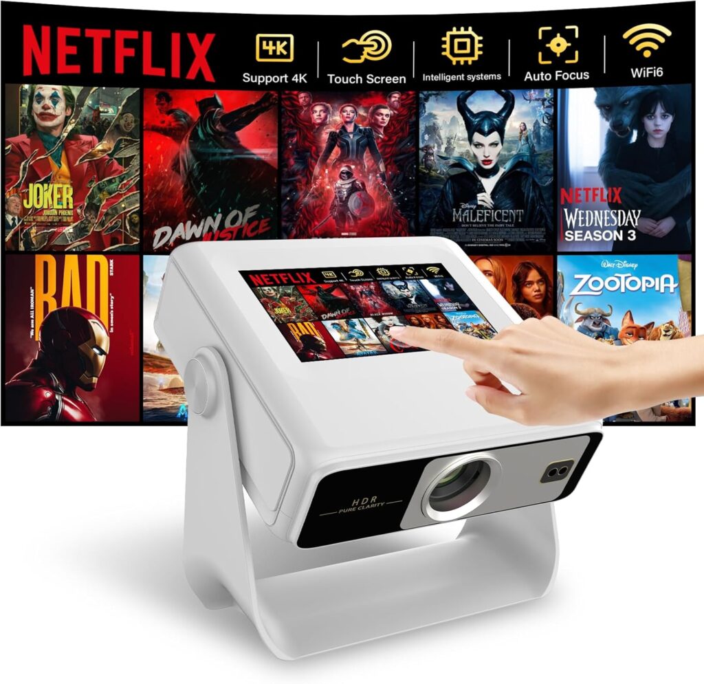 Smart Touchscreen Projector with WiFi 6 and Bluetooth Built-in Apps – 4K Support Portable Bedroom Mini Projector Native 1080P , Auto Keystone Home Theater Cinema Movie Outdoor Proyector