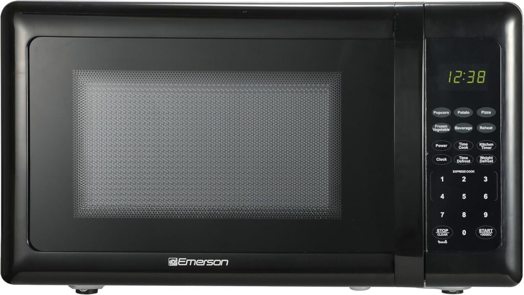 Emerson MW7302B Compact Countertop Microwave Oven with Touch Control, LED Display, 700W, 10 Power Levels, 6 Auto Menus, Glass Turntable and Child Safe Lock, 0.7 Cu., Ft. Black