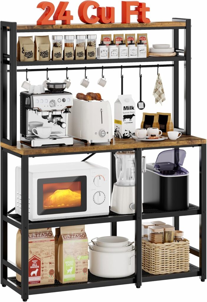 YASONIC Bakers Rack with Storage, Large 5 Tiers Coffee Bar Station, Microwave Stand with 12 Hooks, Metal Kitchen Table for Spice Organizer Workstation Rustic Brown