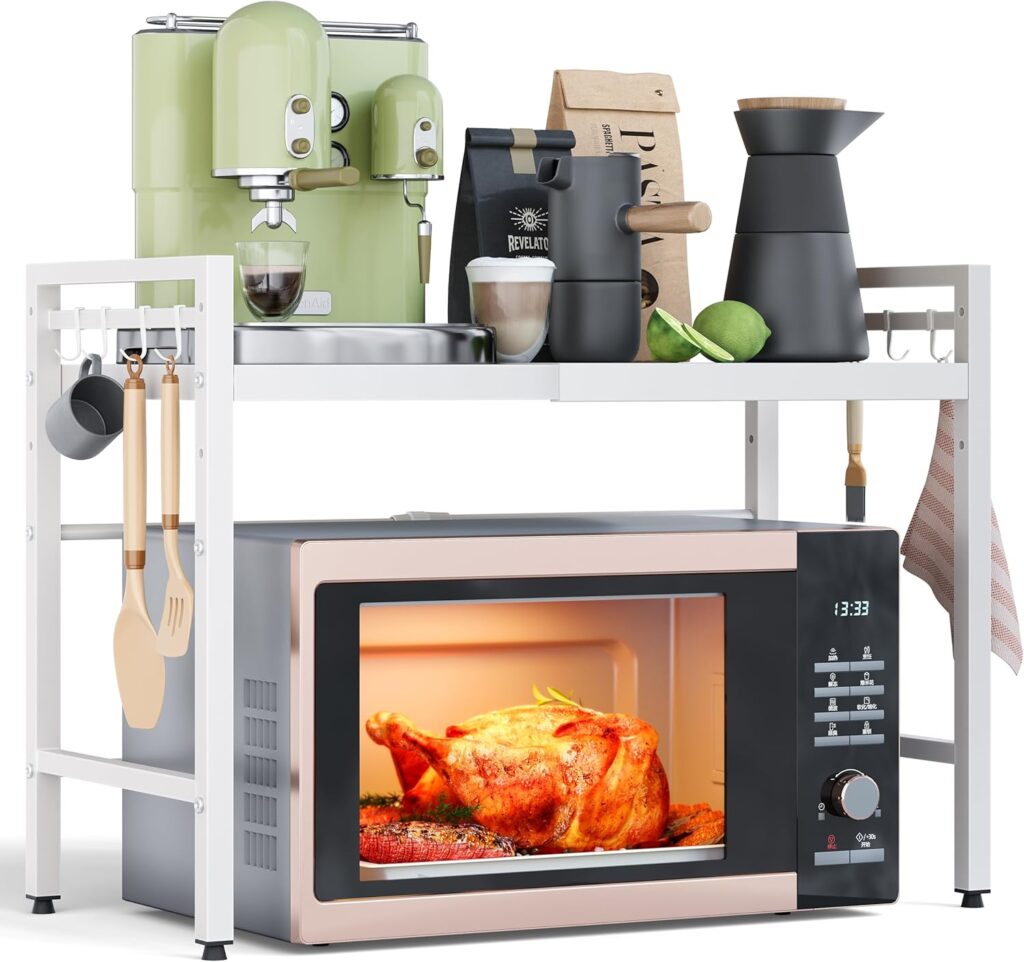 NETEL Expandable Microwave Stand,2 Tier Metal Kitchen Countertop Organizer Shelves with 8 Hooks,Bakers Rack,Microwave Shelf,Microwave Oven Rack,55lbs Weight Capacity