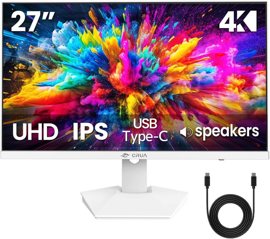 CRUA 27″ 4K White Monitor, UHD(3840x2160P) IPS Panel, 60Hz Computer Monitor, Supports AMD Freesync, USB Type-C, 120% sRGB, Built-in Speakers, Wall Mountable, for Work, Streaming, and Home Office