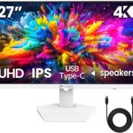 CRUA 27″ 4K White Monitor, UHD(3840x2160P) IPS Panel, 60Hz Computer Monitor, Supports AMD Freesync, USB Type-C, 120% sRGB, Built-in Speakers, Wall Mountable, for Work, Streaming, and Home Office