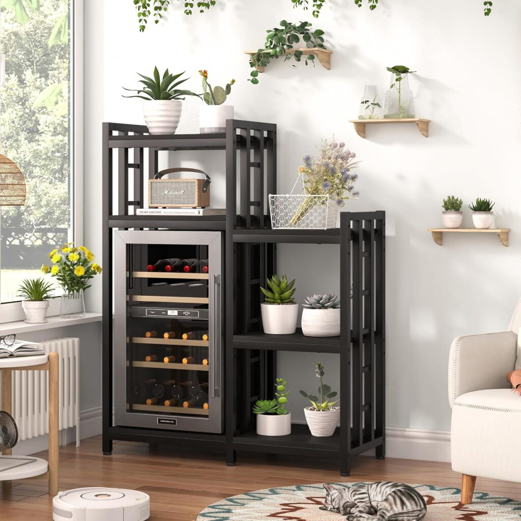 YCHF 6-Tier Kitchen Bakers Rack, Utility Storage Shelf, Mini Fridge & Microwave Oven Stand Table, Coffee Bar, Adjustable Kitchen Shelves Freestadning for Home Office (Black Wood Grain)