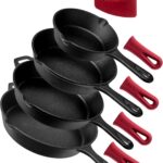 Cuisinel Cast Iron Skillets Set – 4-Piece Chef Pans Kit – 6″ + 8″ + 10″ + 12″-Inch + 4 Silicone Grip Handle Holders – Pre-Seasoned Oven Cookware – Use Indoor/Outdoor, Grill, Stovetop, BBQ, Firepit