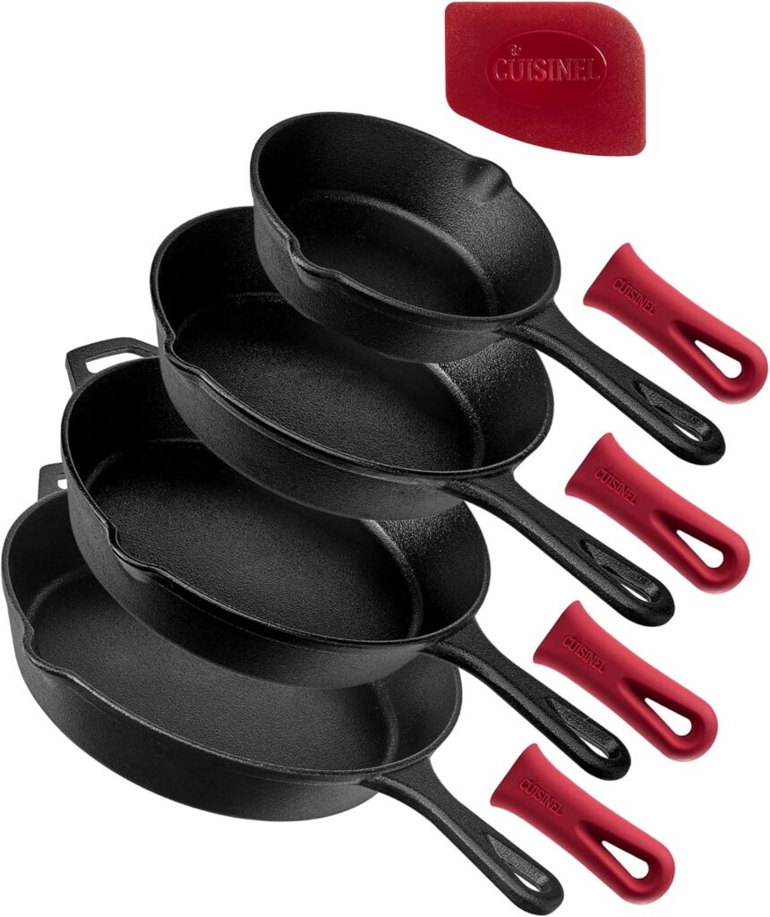 Cuisinel Cast Iron Skillets Set – 4-Piece Chef Pans Kit – 6″ + 8″ + 10″ + 12″-Inch + 4 Silicone Grip Handle Holders – Pre-Seasoned Oven Cookware – Use Indoor/Outdoor, Grill, Stovetop, BBQ, Firepit