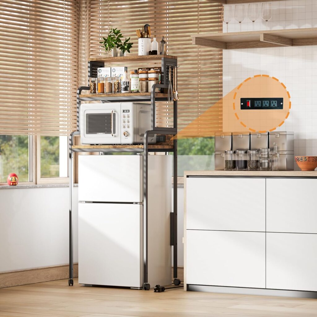 4-Tier Mini Fridge Stand with Storage,Mini Fridge Cabinet with Power Outlet,Pegboard,Bakers Rack with Storage Shelf,Microwave Oven Stand,Mini Fridge Shelf for Dorm(Vintage Brown)