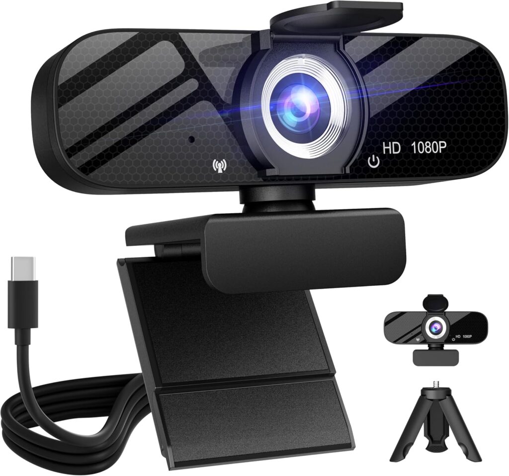 Tewiky Full HD Webcam with Built-in Microphone and Rotatable Tripod, 1080P Video and Wide Angle Camera, Privacy Cover, for Desktop PC or Laptop Computer