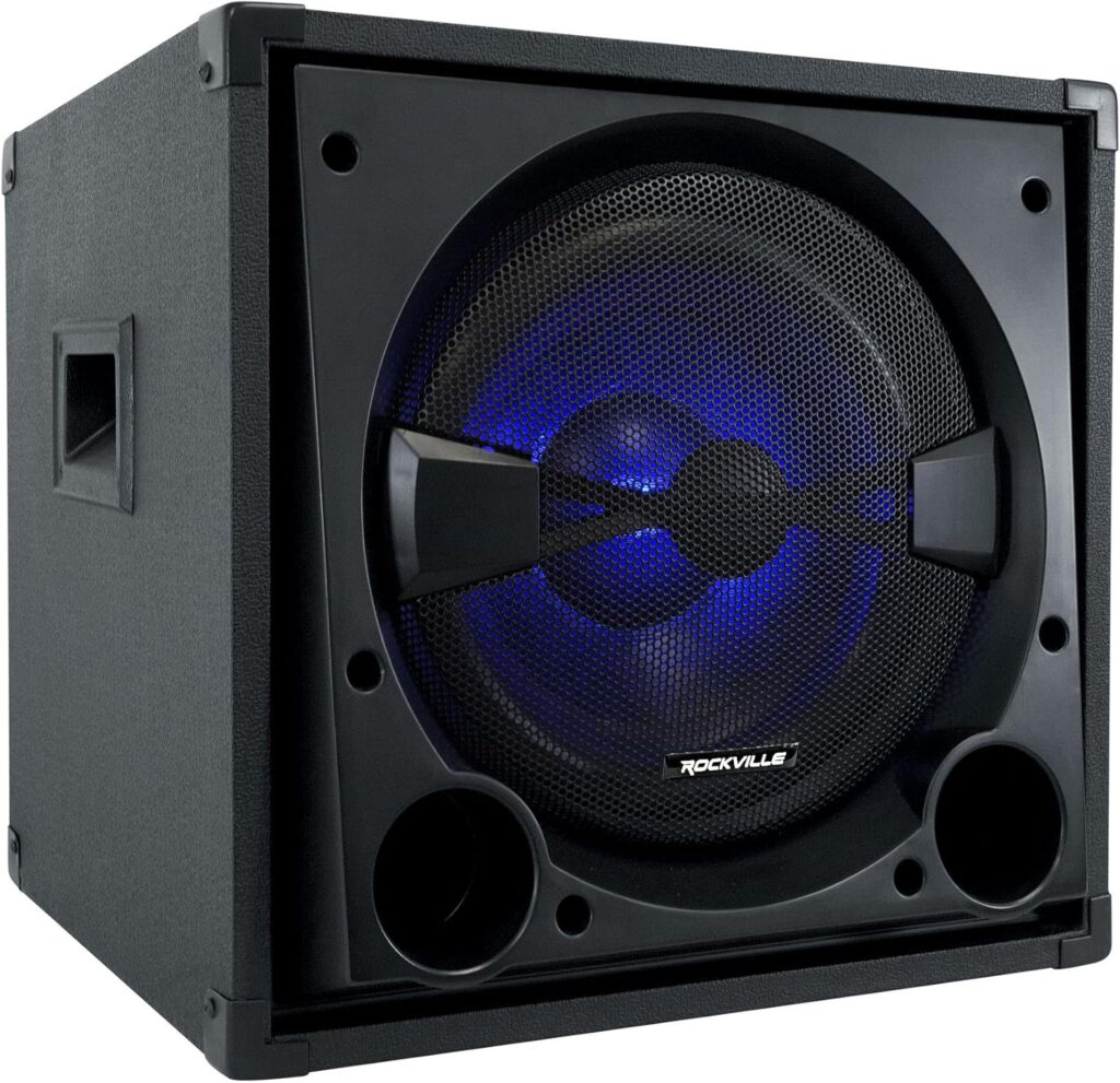 Rockville BASS Blaster 12 800W Powered Home Audio Subwoofer, 12″ High-Grade Woofer with Y30 Magnet, Adjustable Crossover, RCA/Speaker Inputs, LED Lighting, for Home Theater & Music