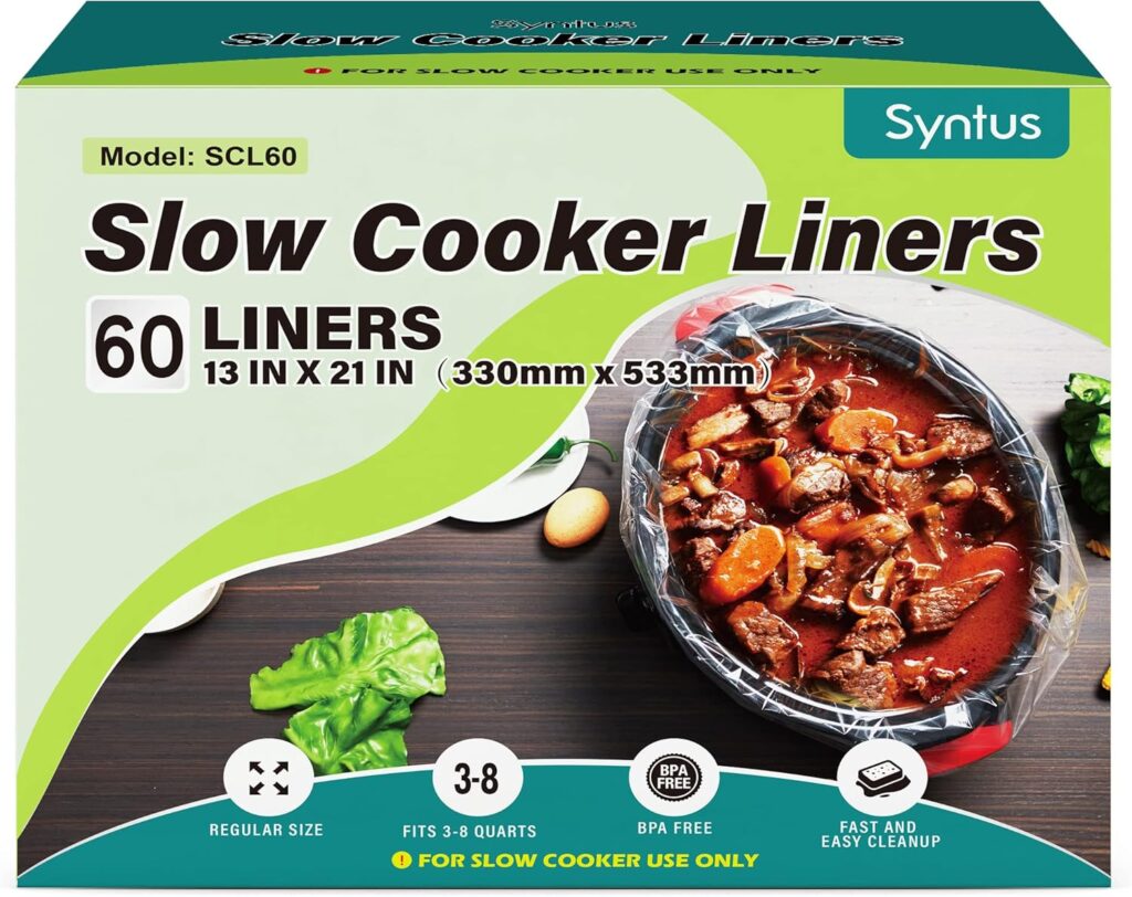 Syntus Slow Cooker Liners, 60 Count Cooking Bags Large Size Disposable Pot Liner Plastic Bag, Fit 3QT to 8QT for Slow Cooker Cooking Trays, 13″x 21″, 60 Liners