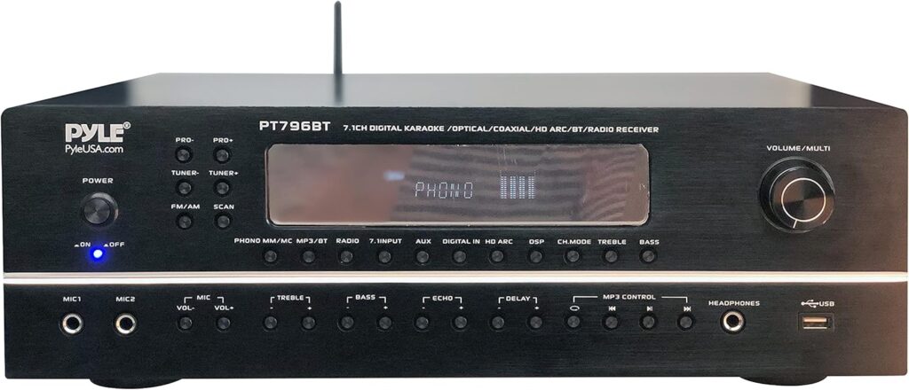 Pyle 7.1-Channel Hi-Fi Bluetooth Stereo Amplifier – 2000 Watt AV Home Theater Speaker Subwoofer Surround Sound Receiver w/Radio, USB, RCA, HDMI, MIC in, Supports 4K UHD TV, 3D, Blu-Ray – PT796BT.5