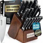 Cutluxe 15-Piece Knife Set – High Carbon German Steel Blades, Full Tang Design & Ergonomic Pakkawood Handles in Walnut Wood Block – Artisan Series