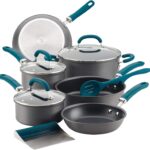 Rachael Ray Create Delicious Hard Anodized Nonstick Cookware Pots and Pans Set, 11 Piece, Gray with Teal Handles