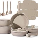 CAROTE 19pcs Pots and Pans Set Non Stick, Nonstick Cookware Set Detachable Handle, Induction Kitchen Cooking Sets with Removable Handle, RV Kitchen, Oven Safe, Taupe