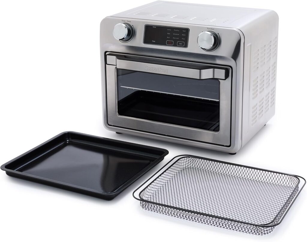GreenPan Bistro Stainless Steel 9-in-1 Air Fry Oven, Nonstick Baking Pan, Stainless Steel Rack, and Basket, Fast Heating, Multifunction Presets, Cool-Touch Handle, PFAS-Free, Easy Cleanup Crumb Tray