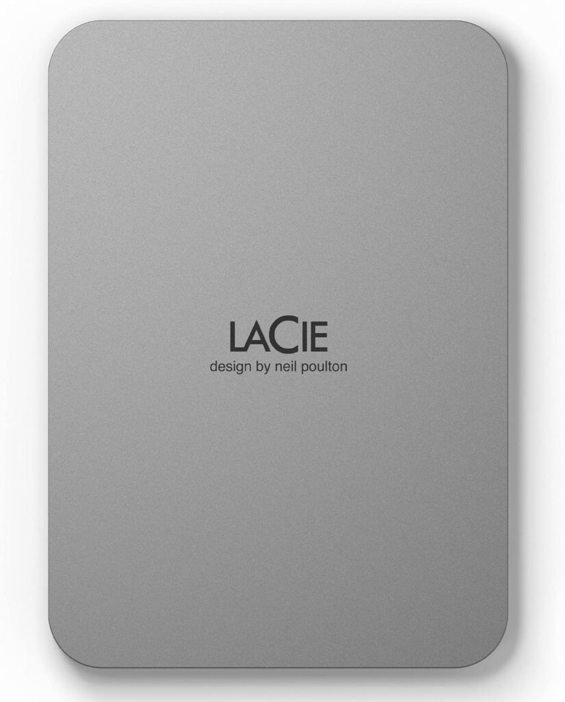 LaCie Mobile Drive 4TB External Hard Drive Portable HDD – Moon Silver, USB-C 3.2, for PC and Mac, Post-Consumer Recycled, with Adobe All Apps Plan and Rescue Services (STLP4000400)