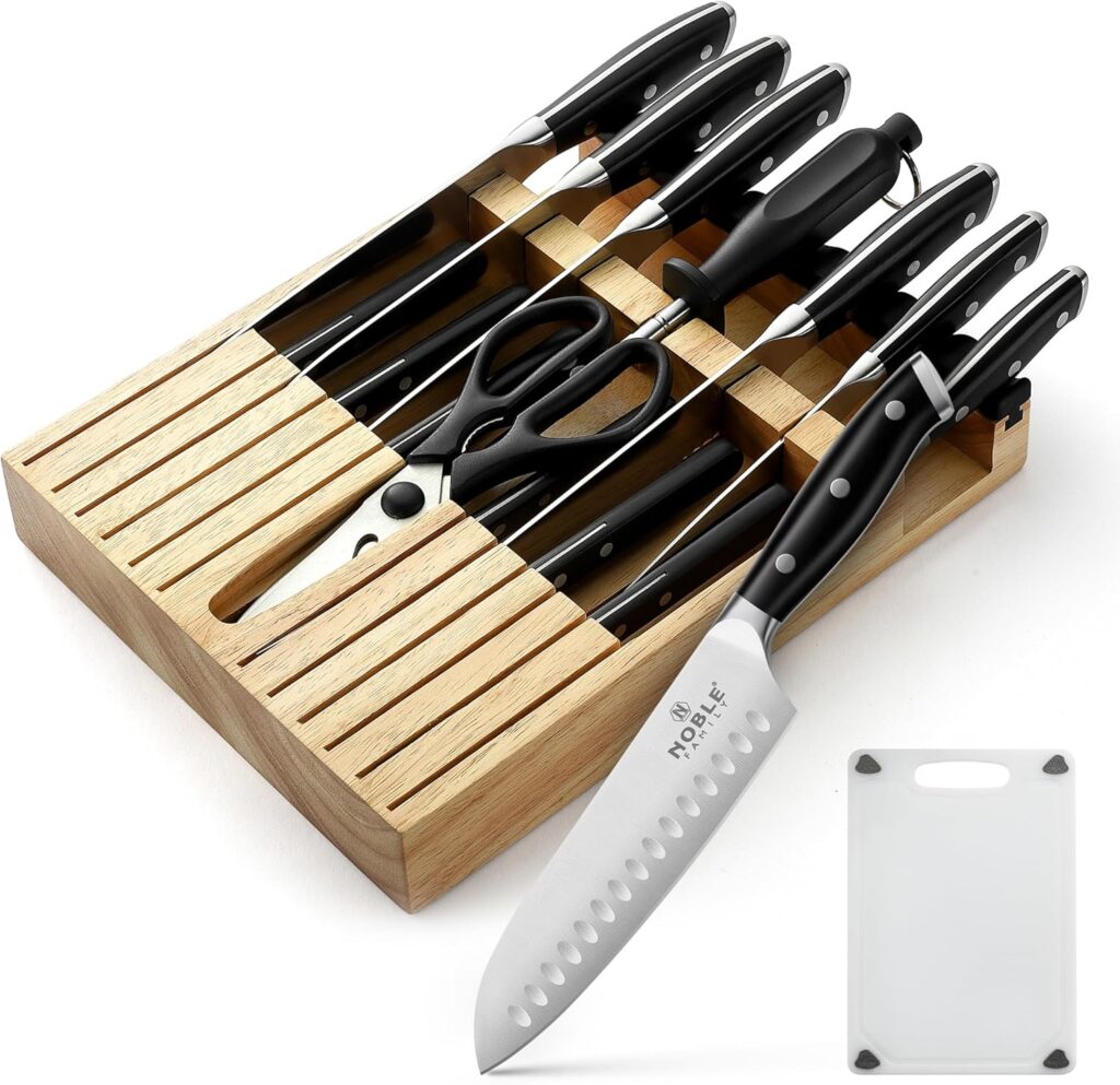 Knife Set with Block, N NOBLE FAMILY 16Pcs Kitchen Knives Drawer Organizer Set with Sharpener, Cutting Board, Anti-Slip Chef Knives Set with 6Pcs Steak Knives, Black