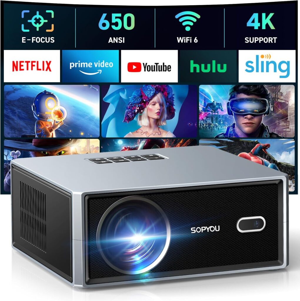 [Electric Focus/Auto Keystone] Projector with WiFi and Bluetooth, Native 1080P 4K Support Outdoor Movie Projectors Max 450″ Display, SOPYOU Home Theater Projector for iOS/Android/TV Stick