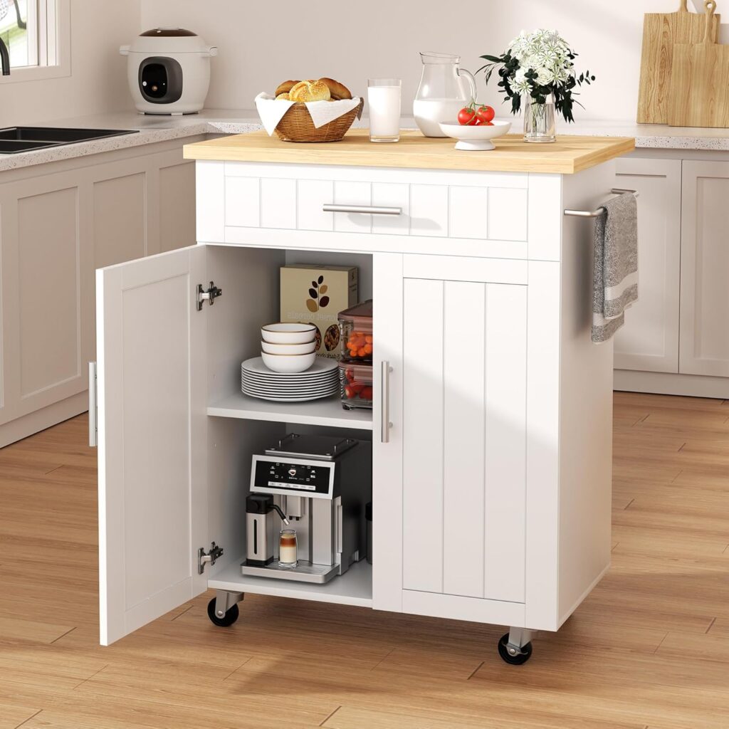 Shintenchi Kitchen Island cart with Storage, Portable Bar Cabinet on Wheels, Rolling Microwave Cart Side Table with Workstation for Kitchen, Dinning Room, White