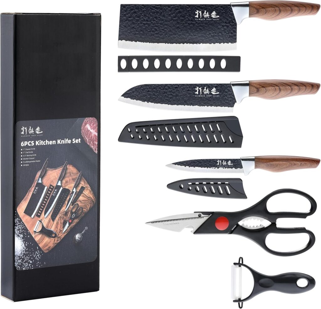 5 PCS kitchen Chef Knife Set, include 7 inch cleaver, 7 inch Santoku, 4.5 inch utility knife, Kitchen Scissors and Peeler