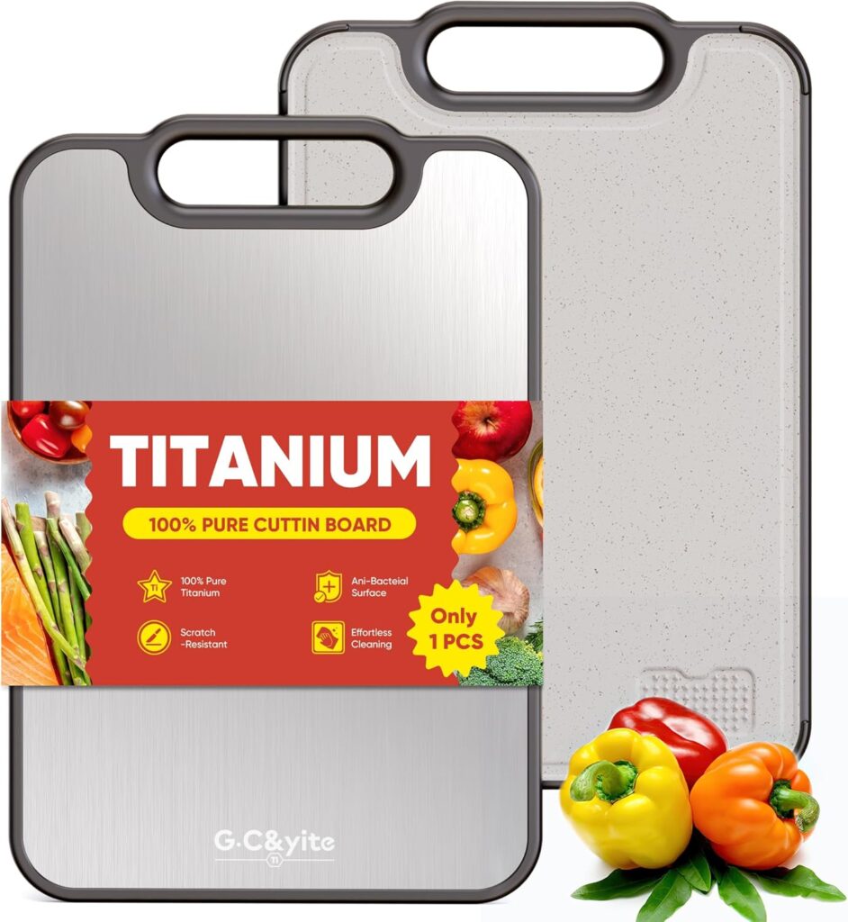 G.C&yite Titanium Cutting Board for kitchen, Lightweight No Toxic Double Sided Pure Titanium Chopping Board with Wheat Straw PP for Food Safety, Easy to Clean, Kitchen Gifts 15.5″ x 10.5″, 1-Pcs