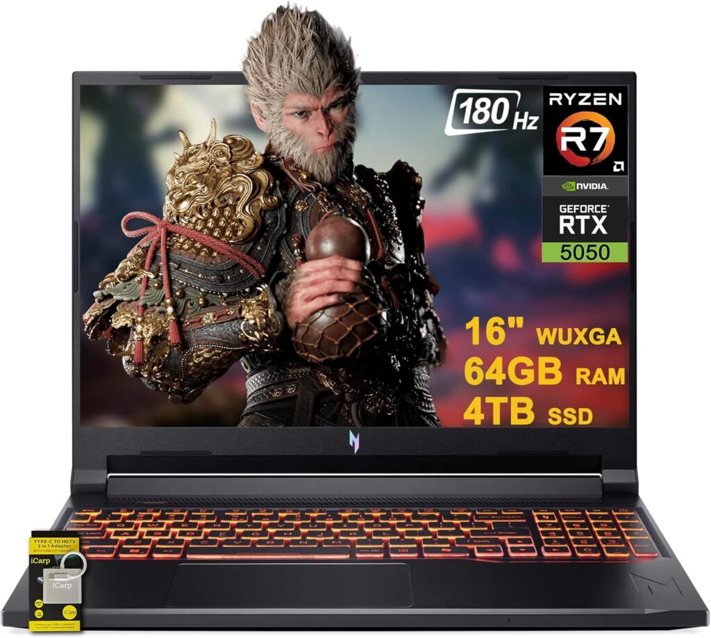acer Nitro V 16 AI Gaming Laptop 16″ WUXGA IPS 180Hz AMD Zen 4 Octa-Core Ryzen 7 260 64GB RAM 4TB SSD GeForce RTX 5050 (Up to 421 AI Tops) Backlit Win11 w/ICP Hub