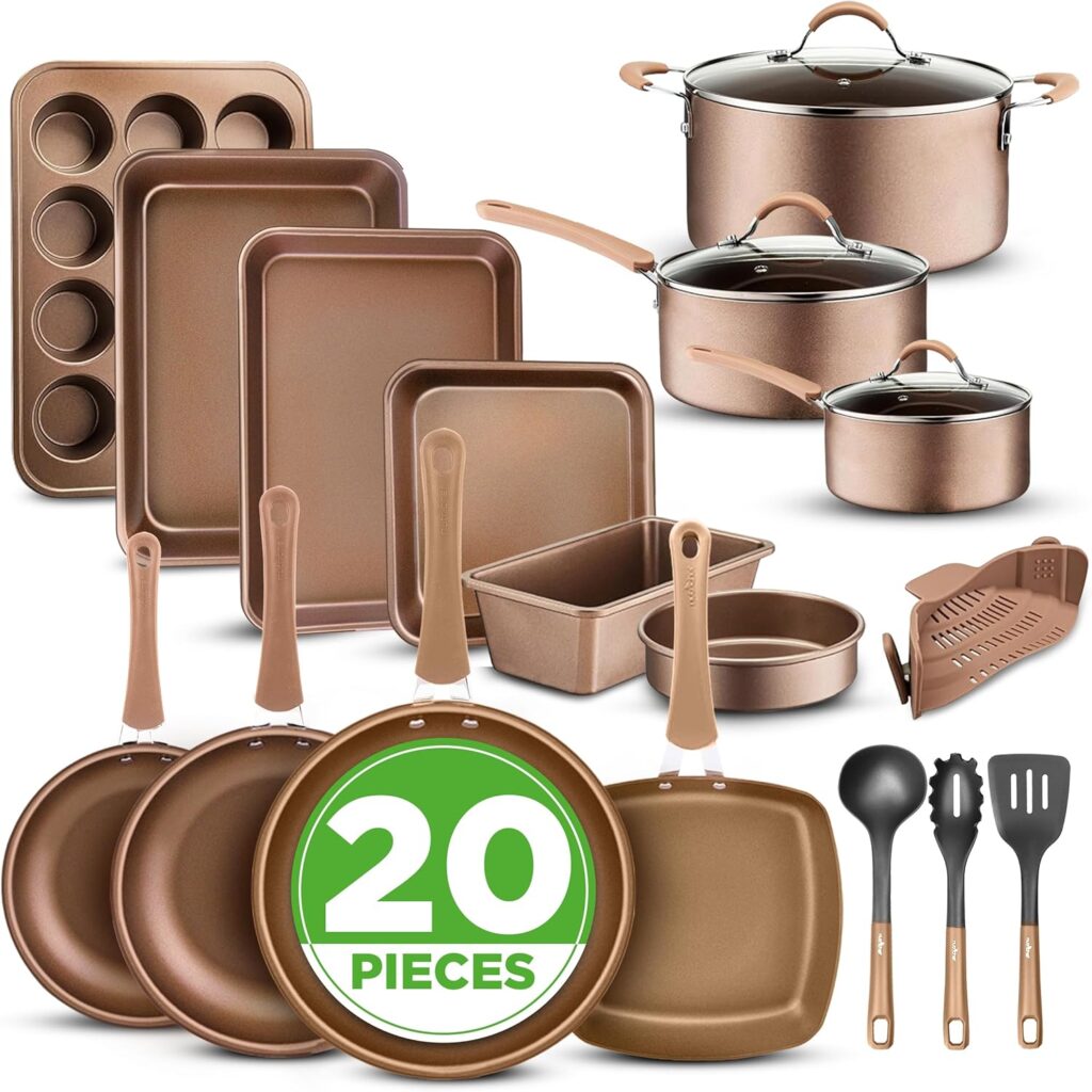 NutriChef 20-Piece Pots and Pans Set Non Stick – Induction Cookware Set, PFAS-Free Nonstick Cookware for All Cooktops, Includes Bakeware & Kitchen Utensils