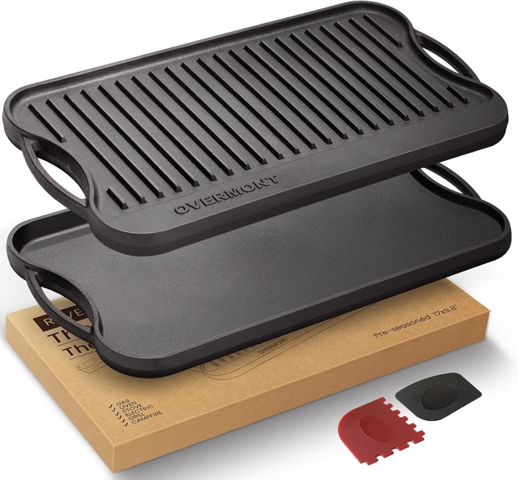 Overmont Pre-seasoned 17×9.8″ Cast Iron Reversible Griddle Grill Pan with handles for Gas Stovetop Open Fire Oven, One tray, Scrapers Included
