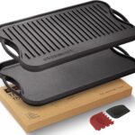 Overmont Pre-seasoned 17×9.8″ Cast Iron Reversible Griddle Grill Pan with handles for Gas Stovetop Open Fire Oven, One tray, Scrapers Included