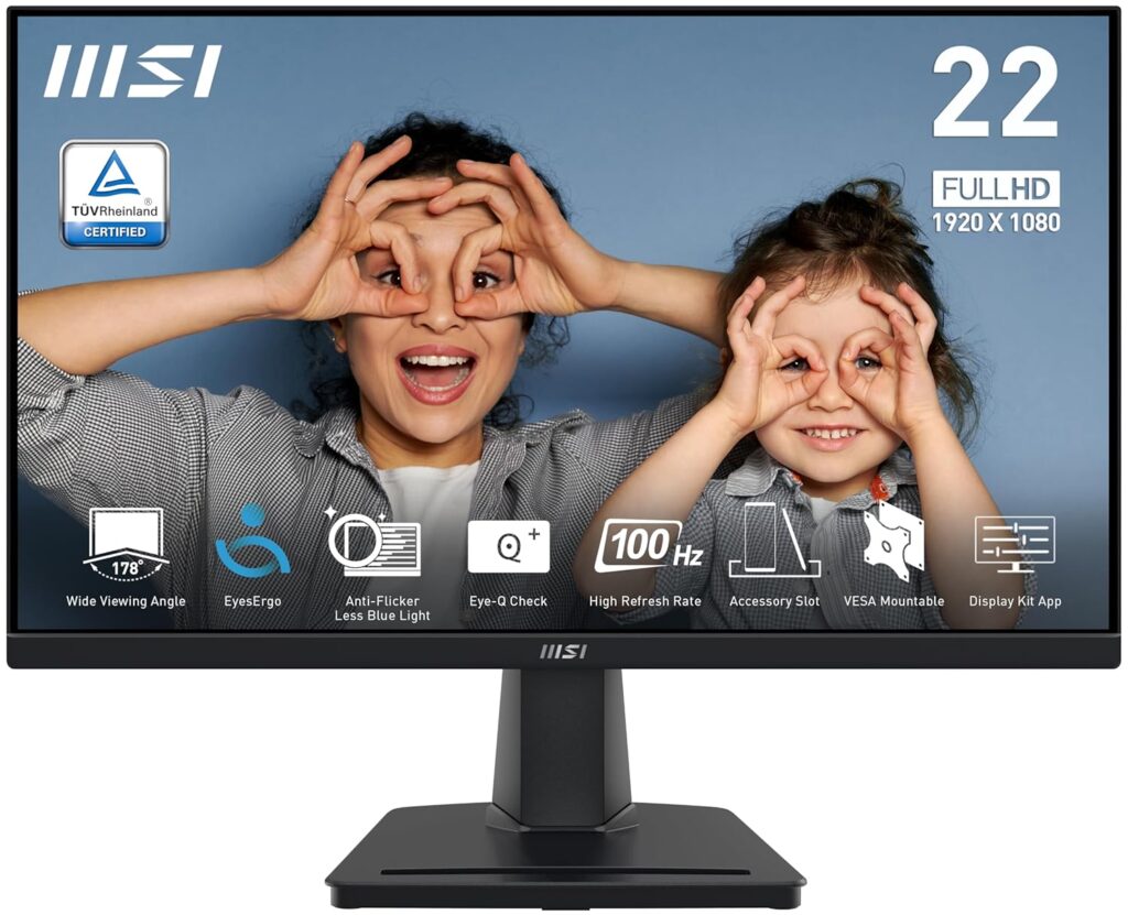 msi PRO MP225V, 22-inch, 1920 x 1080 (FHD) Computer Monitor, 100Hz, Adaptive-Synch, HDMI, Video Port, Low Blue Light, Eye-Q Check, VESA Mountable, Tilt, 1ms, Black
