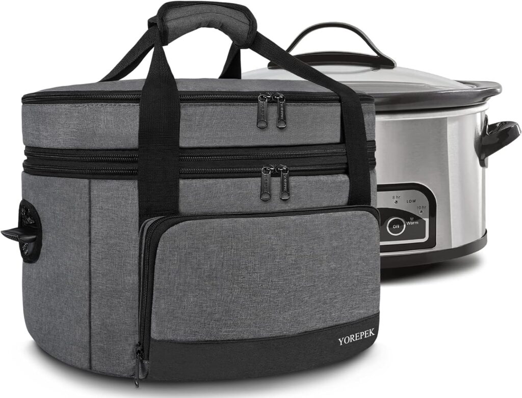 YOREPEK 2 Layer Slow Cooker Carrier, Compatible with 6, 7, 8 Quart Crock-Pot, Insulated Large Slow Cooker Travel Bag with Bottom Pad Lid Fasten Straps, for Family Gathering Potluck, Gift for Women