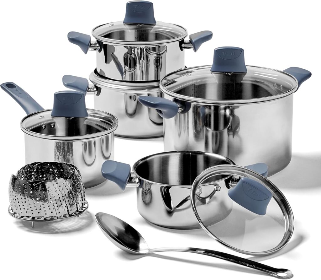T-fal Essentials Stainless Steel Cookware Set 12 Piece, Induction Compatible, Oven Safe 350F, Cooking Set w/Stewpots, Stockpot, Saucepan, Lids & Tools, Measuring Marks, Dishwasher Safe, Silver/Blue