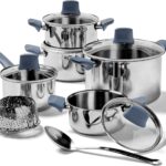 T-fal Essentials Stainless Steel Cookware Set 12 Piece, Induction Compatible, Oven Safe 350F, Cooking Set w/Stewpots, Stockpot, Saucepan, Lids & Tools, Measuring Marks, Dishwasher Safe, Silver/Blue