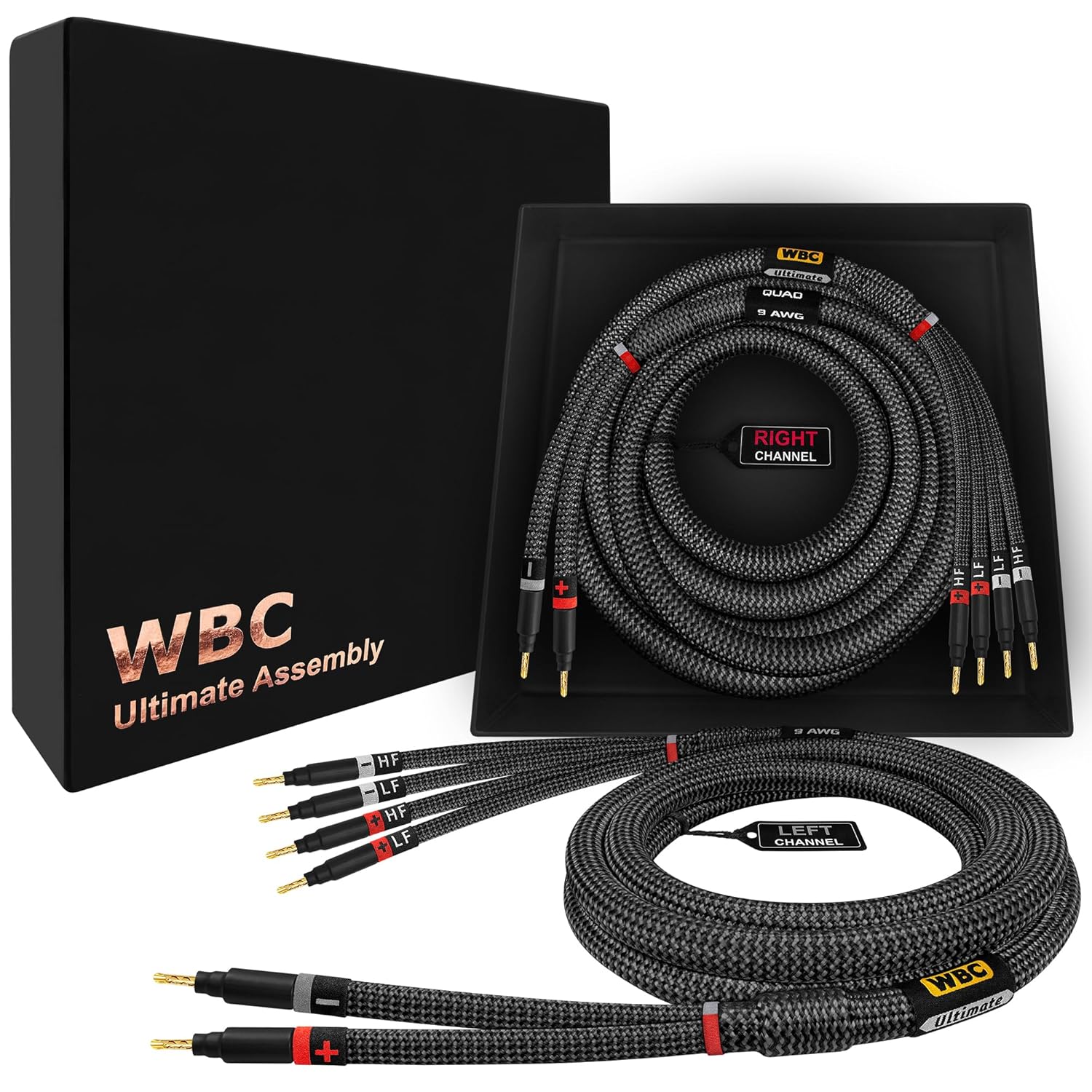 WORLDS BEST CABLES 6 Foot Ultimate – 9 AWG – Ultra-Pure OFC – Premium Audiophile HiFi Bi-Wire Speaker Cable Pair with Eminence Gold Banana Plugs & Carbon Tweed Jacket
