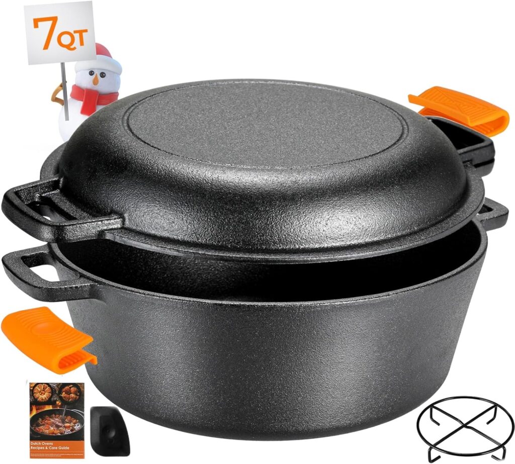 TLGREEN Cast Iron Dutch Oven Pot with Lid, Pot (5.1QT) and Lid as a Skillet(1.9QT) – Dutch Oven Cast Iron with Silicone Holders, Iron Stand, for Oven, Stove, Grill，Campfire