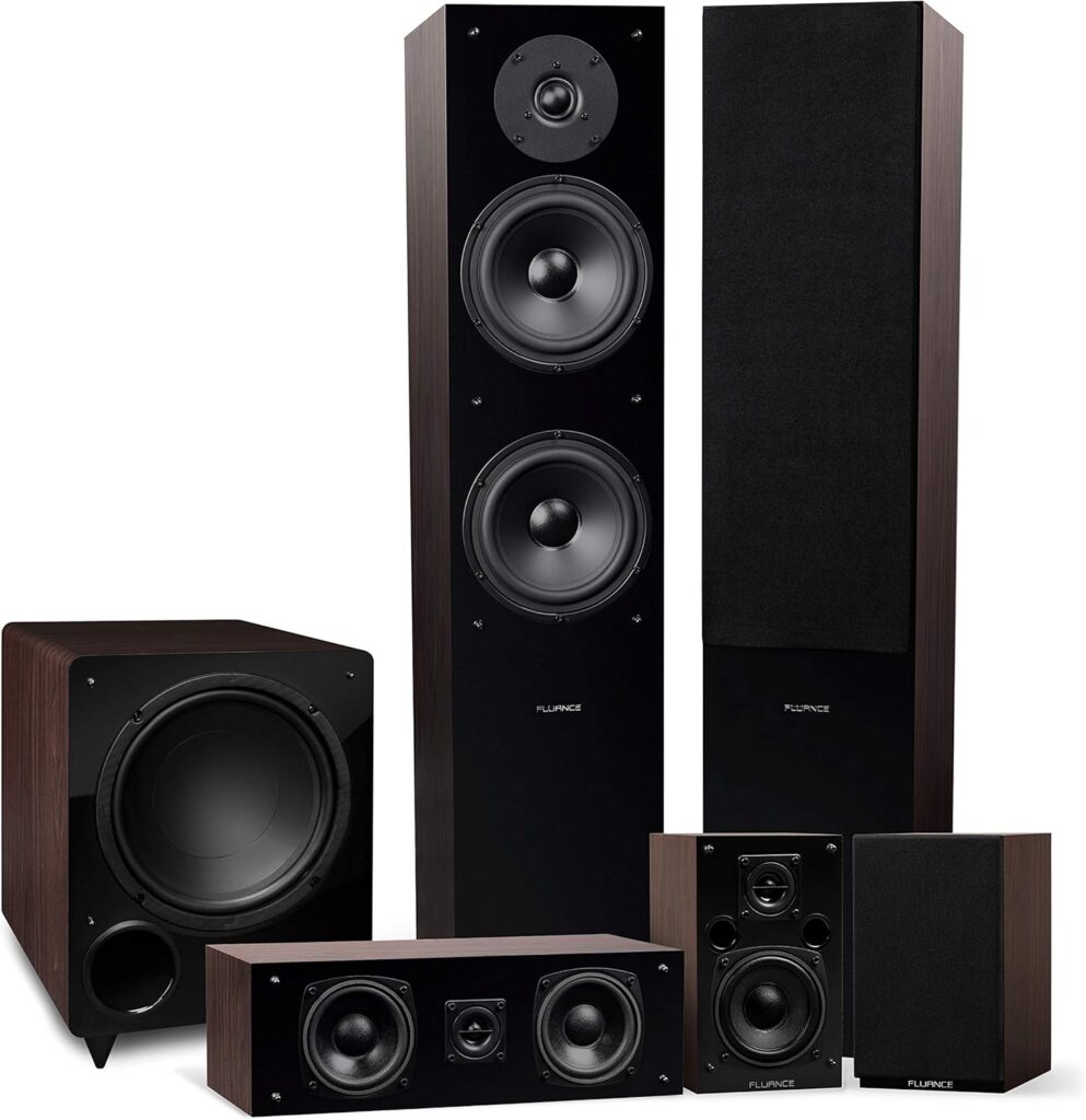 Fluance Elite High Definition Surround Sound Home Theater 5.1 Channel Speaker System Including Three-Way Floorstanding, Center Channel, Rear Surround Speakers and a DB10 Subwoofer – Walnut (SX51WR)