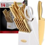 Marco Almond® Gold Knife Set, Knife Block Set MA21,Titanium Coated 14 Pieces Stainless Steel Chef Gold Kitchen Knife Sets with White Block
