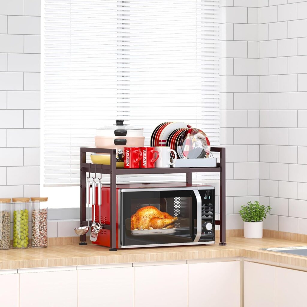 PUSDON Extendable Microwave Oven Rack, Adjustable Microwave/Toaster Shelf Heavy Duty Stand Kitchen Counter Top Organizer, 2 Tier with 3 Hooks, 160lbs Weight Capacity, Bronze