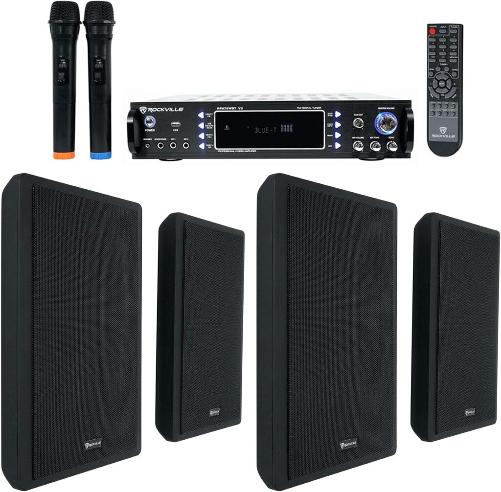 Rockville 1000W Bluetooth Receiver+(4) Wall Speakers+Mics 4 Restaurant/Bar/Cafe