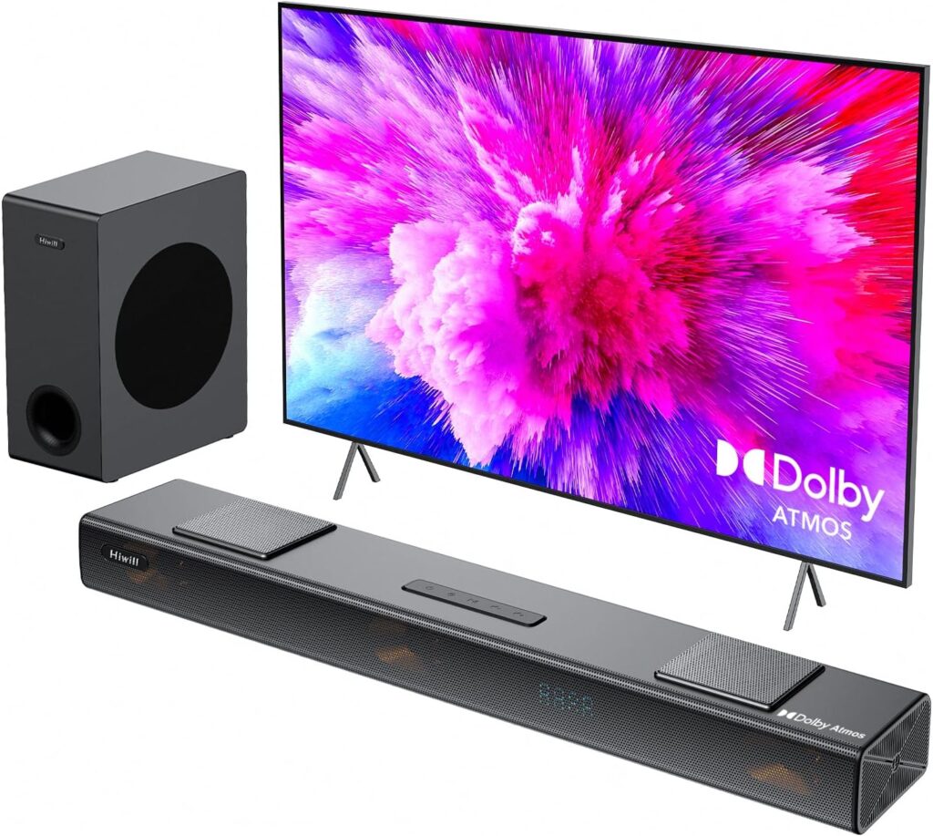 Hiwill 3.1.2CH Dolby Atmos Soundbar for TV Surround Sound, 5.25” Subwoofer, 2 Up-Firing, 2 Side-Firing, 400W Peak Power Home Theater Speakers, 3D Sound Bar Bluetooth, eARC/ARC/Opt, Nimbus A312