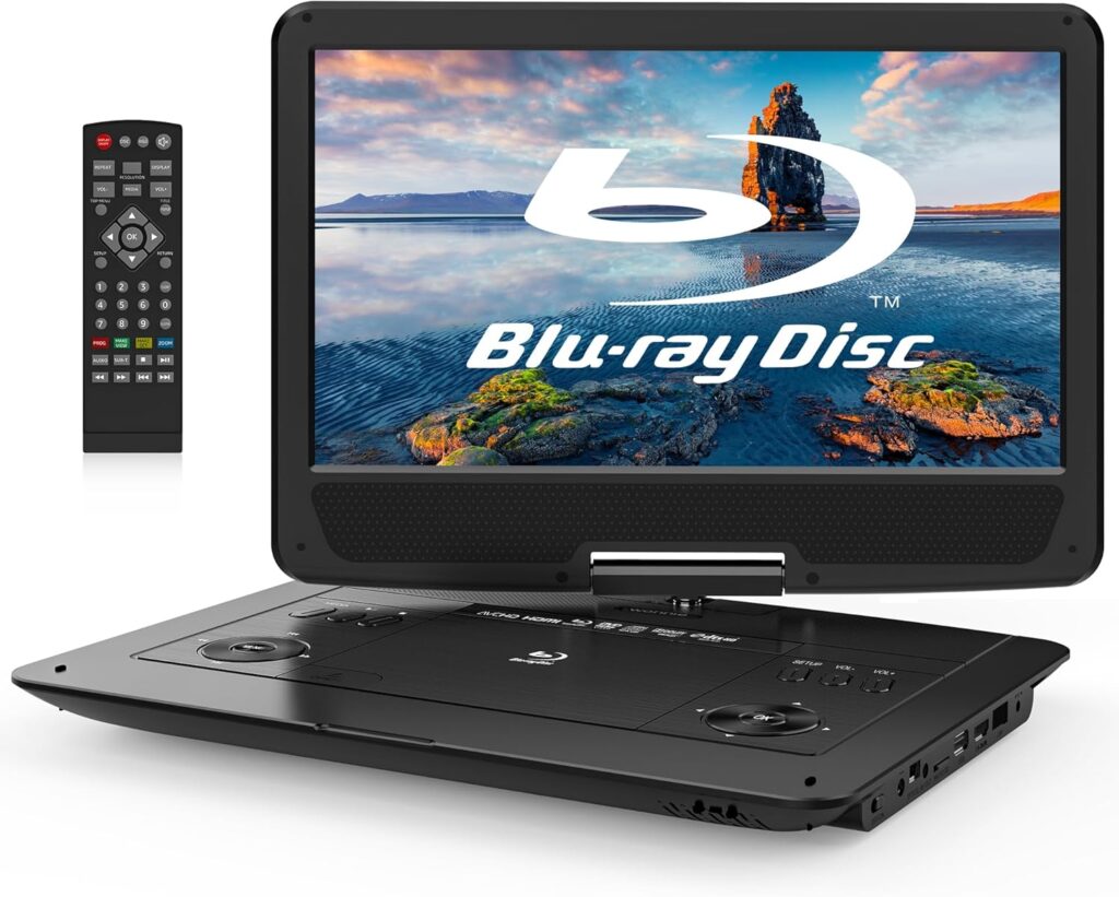 WONNIE 16.9″ Portable Blu Ray Player with 14.1″ 1080P Full HD Large Swivel Screen, Blu-ray DVD Player with HDMI Out & AV Out, 4-5 Hours Rechargeable Battery, Support USB/Micro SD Card