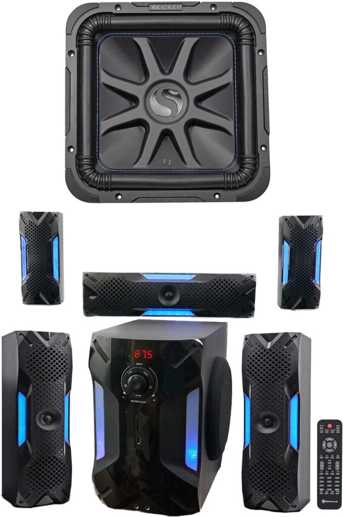 Kicker Bundle: L7S124 12″ 1500 Watt Solobaric L7S Car Subwoofer Solo-Baric 44L7S12-4 Bundle with Free Rockville HTS56 1000w 5.1 Channel Home Theater System/Bluetooth/USB+8″ Subwoofer (2 Items)