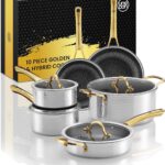 Gold Pots and Pans Set, Hybrid Hammered Stainless Steel, 10PC Nonstick Kitchen Cookware Sets w/Frying pan, Non Toxic, Oven Safe & Compatible with All Stovetops