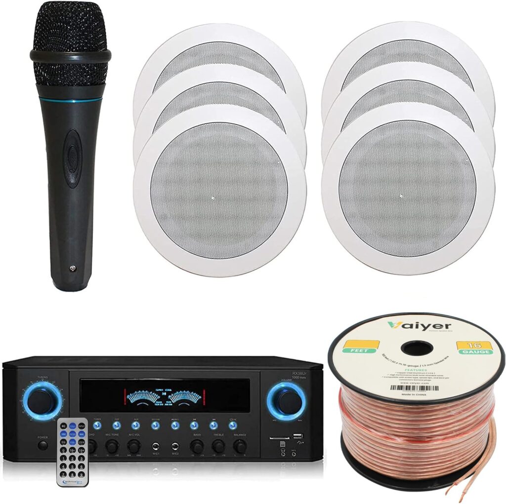 Home Theater System Kit 1000 Watts Amplifier w/USB, SD Card Inputs, (Qty 6) 5.25″ Flush Mount in-Wall/in-Ceiling Stereo Speakers, Mic and 250 ft Speaker Wire | Perfect for Home, Office and Restaurants