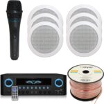 Home Theater System Kit 1000 Watts Amplifier w/USB, SD Card Inputs, (Qty 6) 5.25″ Flush Mount in-Wall/in-Ceiling Stereo Speakers, Mic and 250 ft Speaker Wire | Perfect for Home, Office and Restaurants