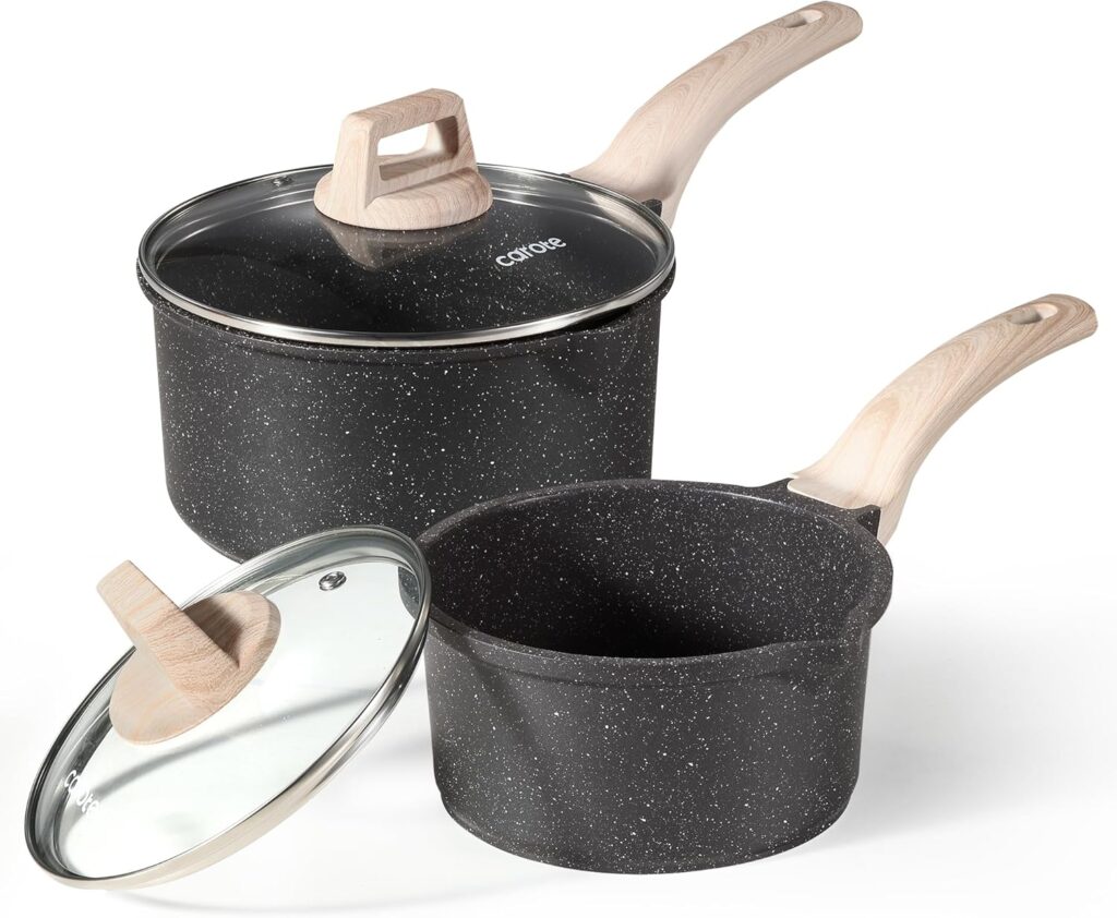 CAROTE 1.5Qt & 3.0Qt Sauce Pan Sets with Lid Cooking Pots Nonstick Saucepans Cookware Set with Pour Spout Small Kitchen Pot, Induction Comptable, Easy to Clean, PFOA FREE (Classic Granite)