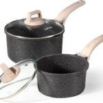 CAROTE 1.5Qt & 3.0Qt Sauce Pan Sets with Lid Cooking Pots Nonstick Saucepans Cookware Set with Pour Spout Small Kitchen Pot, Induction Comptable, Easy to Clean, PFOA FREE (Classic Granite)