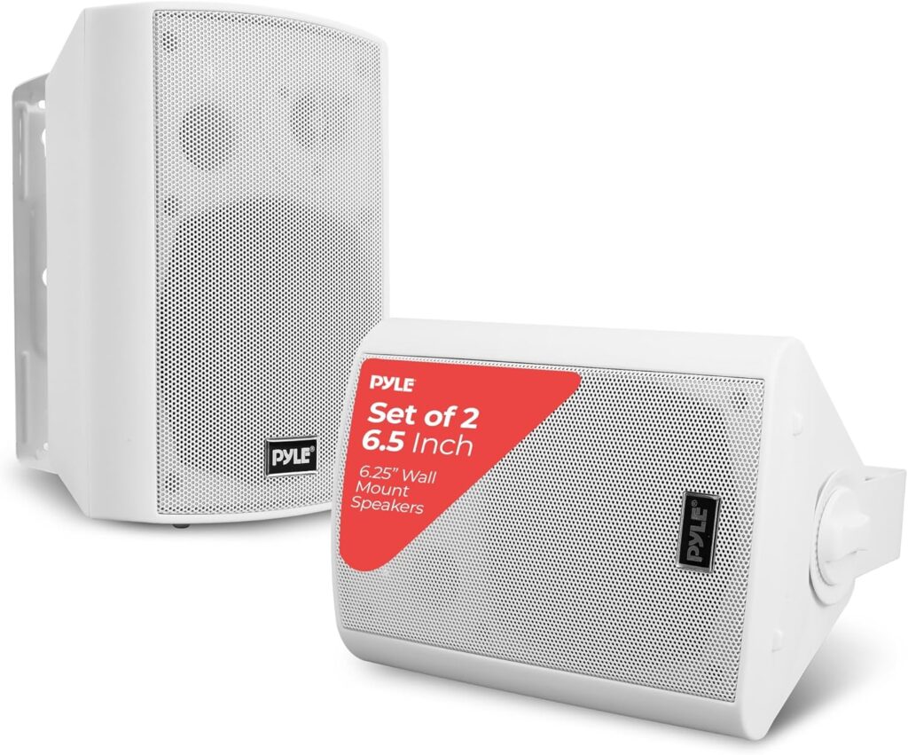 Pyle 6.5 Inch Wall Mount Waterproof Speaker System for Indoor or Outdoor Wireless Bluetooth Surround Sound System, White (2 Pack)