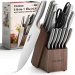 Knife Block Set, Kitchen Knife Sets with Block, FIKSHOT Knives Set for Kitchen – Razor-Sharp Santoku Knife, Fruit and Kitchen Sets – Rust Resistant for Homecooks (Silver + Walnut)