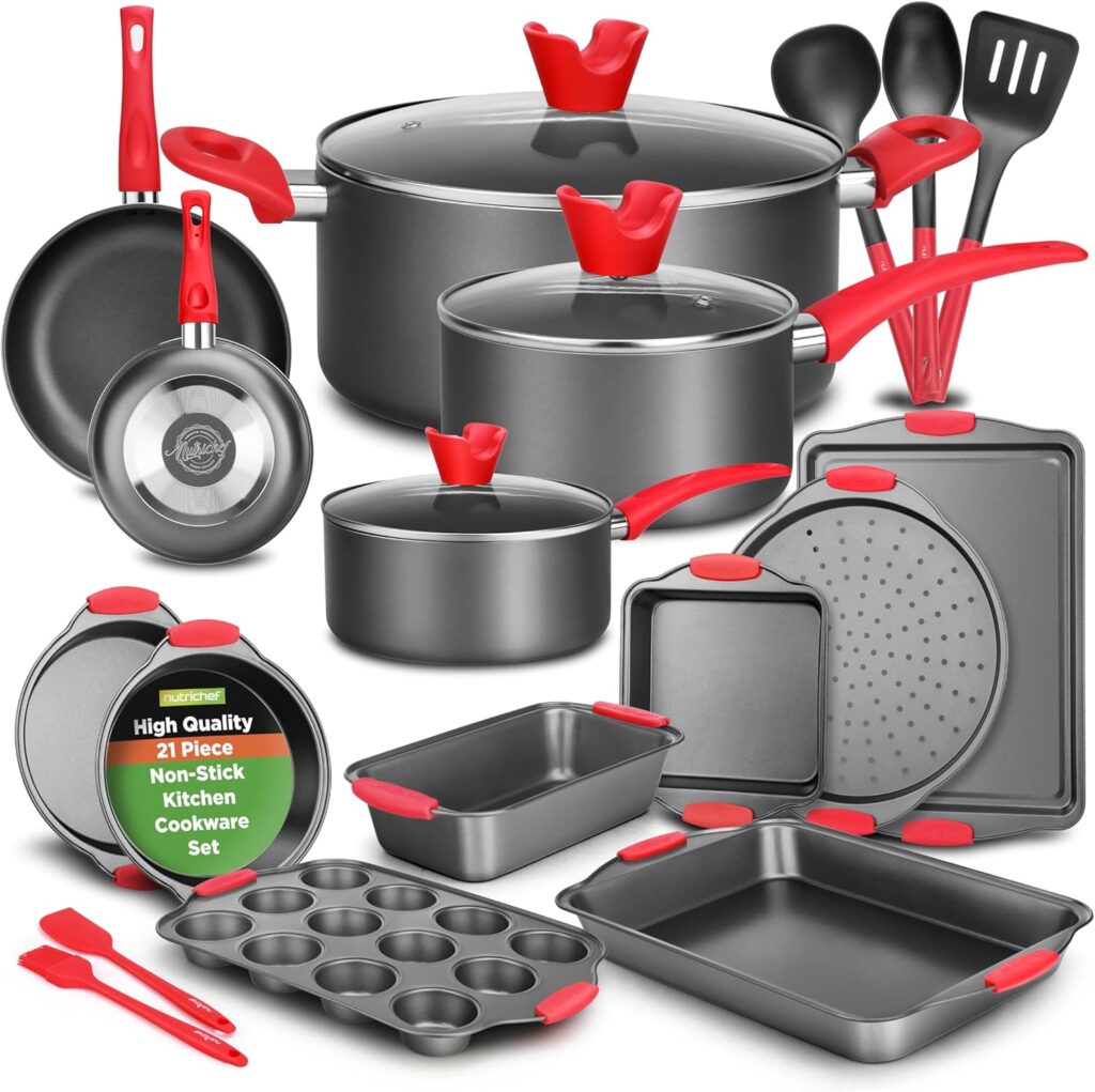 NutriChef 21-Piece Nonstick Cookware Set – PTFE/PFOA/PFOS Free Heat Resistant Lacquer Kitchen Ware Pots Pan w/ Cool-Touch Handles, Saucepan, Fry Pans, Lid, Bakeware, For Gas Electric Ceramic Cooktops